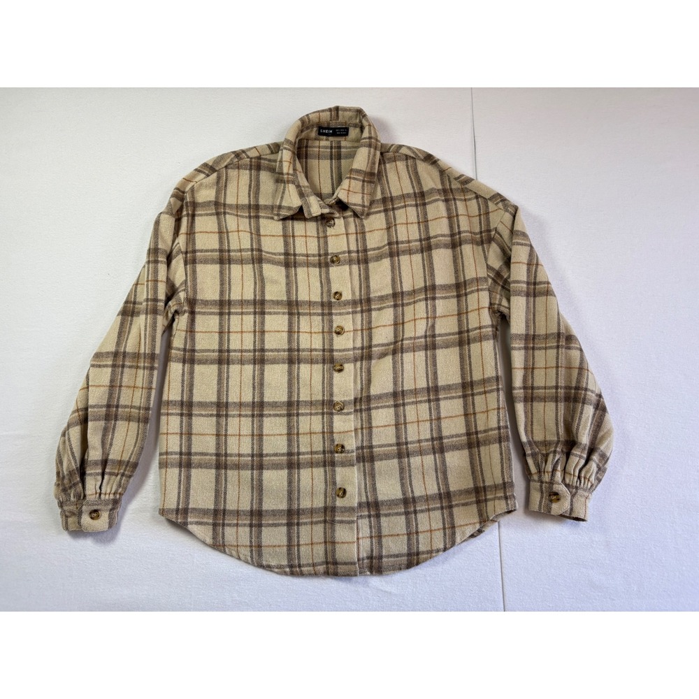 SHEIN Mens Plaid Button Down‎ Shacket Beige Brown Wool Blend